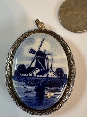 Vintage Blue Delft Windmill Oval Locket Pendant